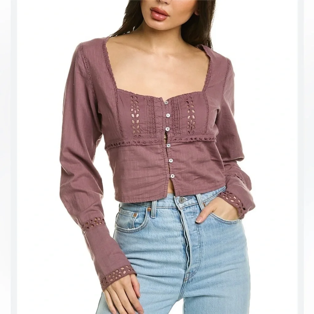 Free People Dusty Mauve Sweetheart Neckline Tiny Button Front Top Small NEW +Tag